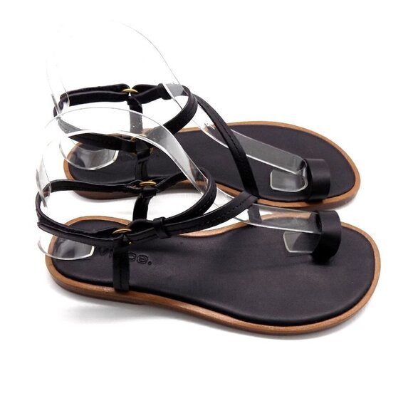 Vince Black Leather Flat Sandals Perrigan Hook and Loop Closure Toe Ring - Picture 2 of 14